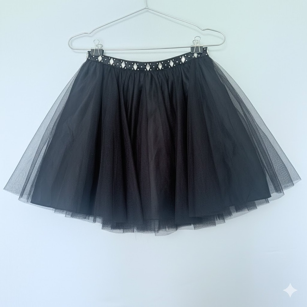 Navy Blue Tulle Mini Skirt Coquette Balletcore Gemstone Waist Mesh Tiered Size 5